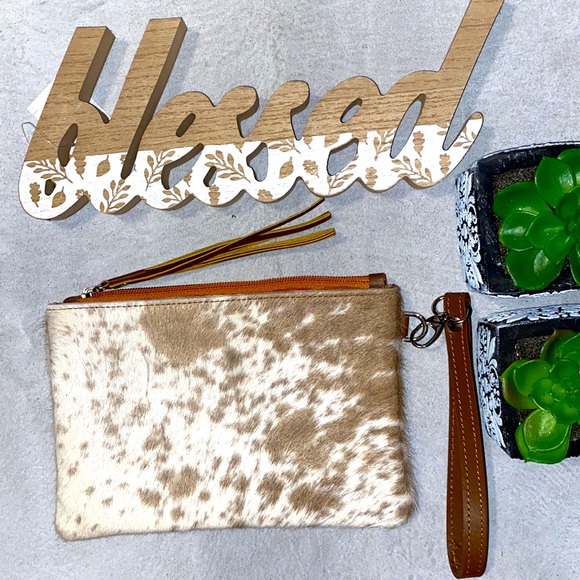 New Handmade Real Cowhide Hair On Wristlet Wallet Handbag ~ Brown & Cream - Picture 3 of 5